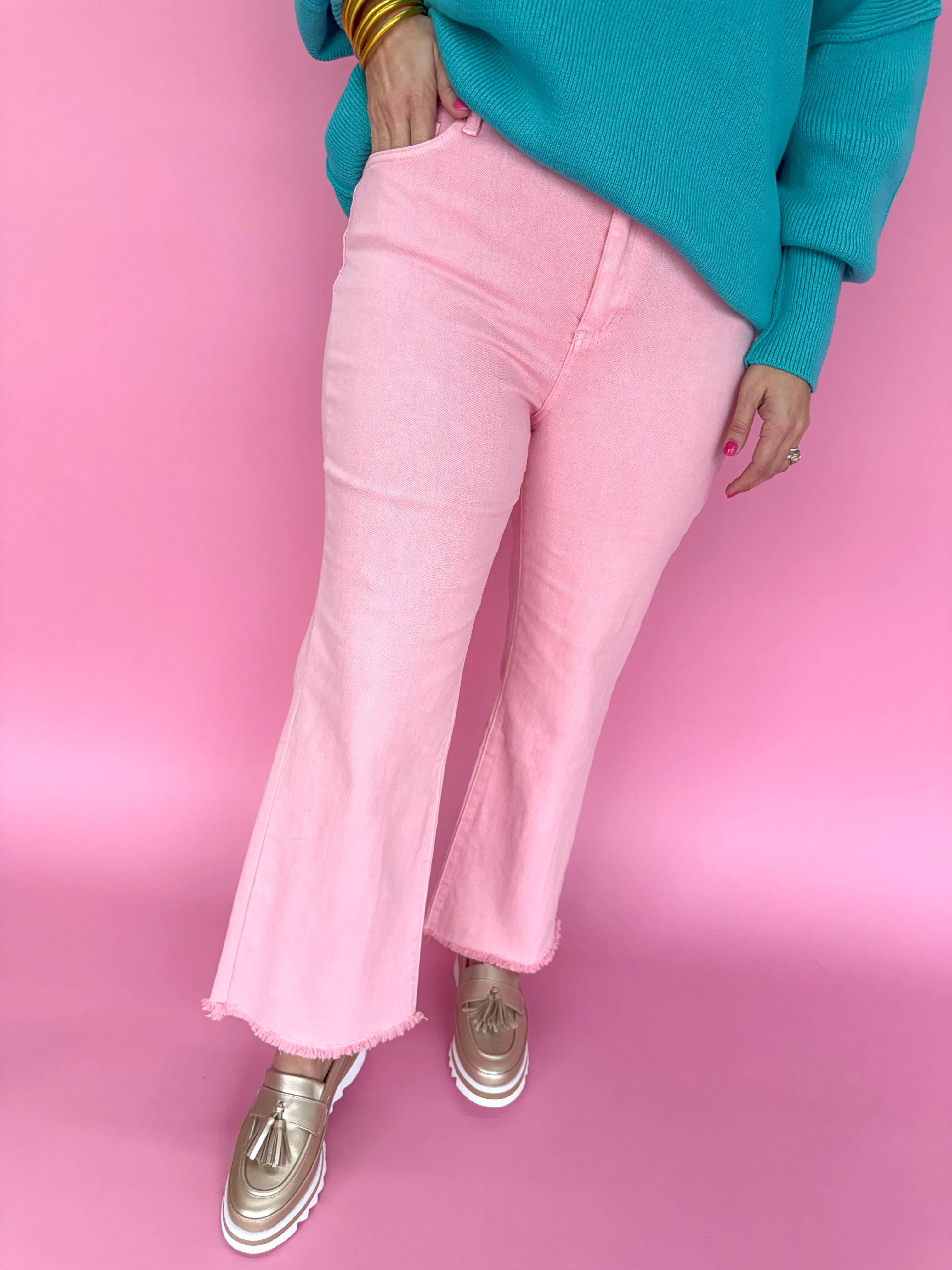 Acid Wash Crop Straight Pant - Light Pink
