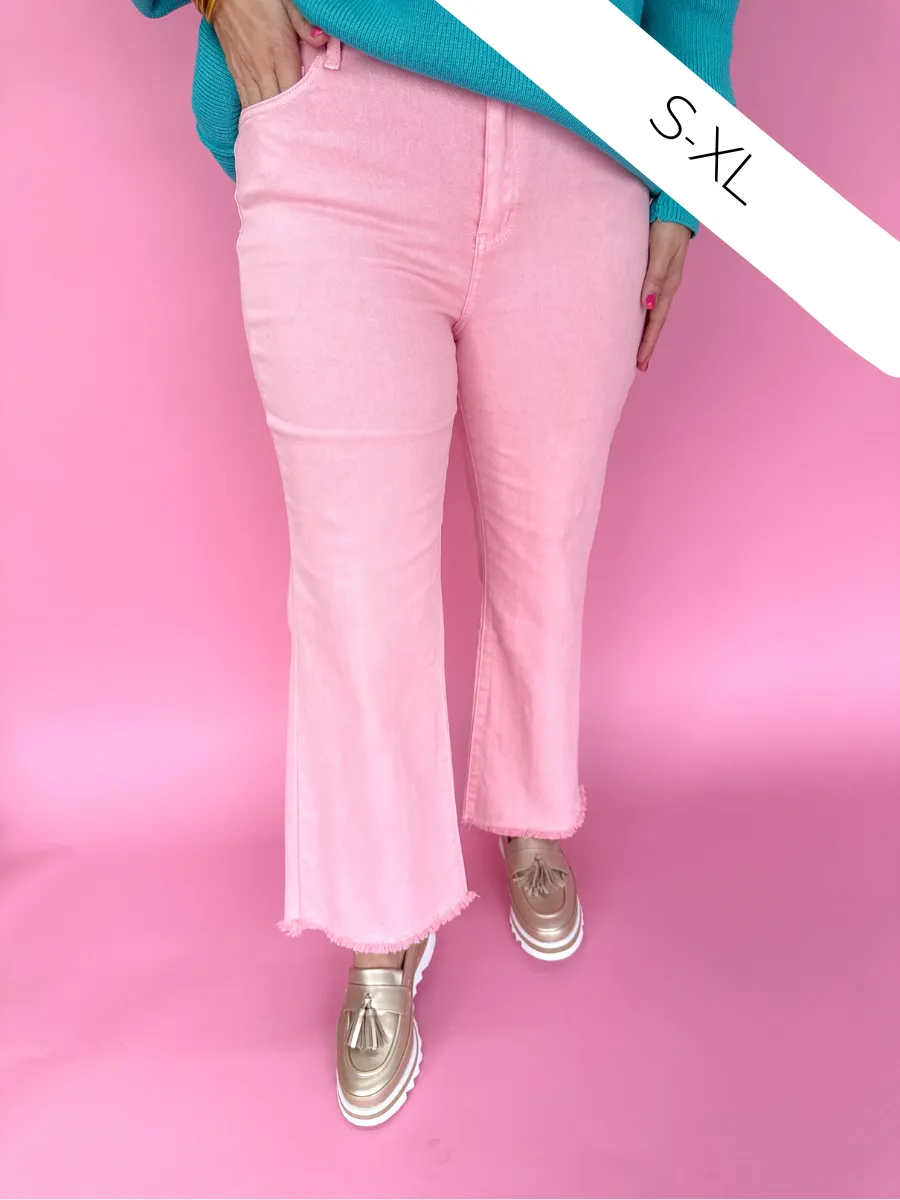 Acid Wash Crop Straight Pant - Light Pink