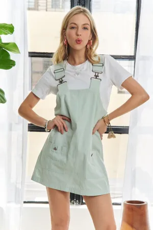 ADORA 100% Cotton Wide Straps Square Neck Overall Mini Dress (Gum Leaf)