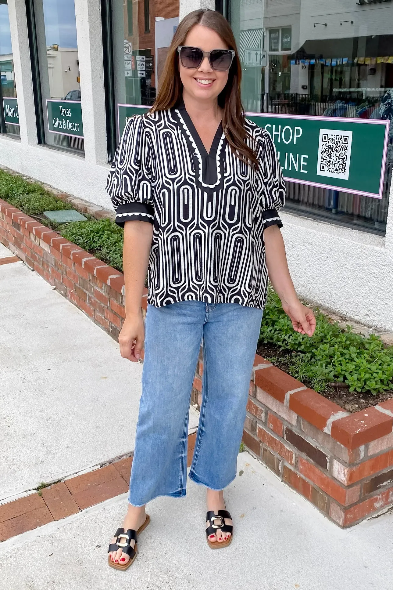 Adventure Awaits Black Geo Print Top
