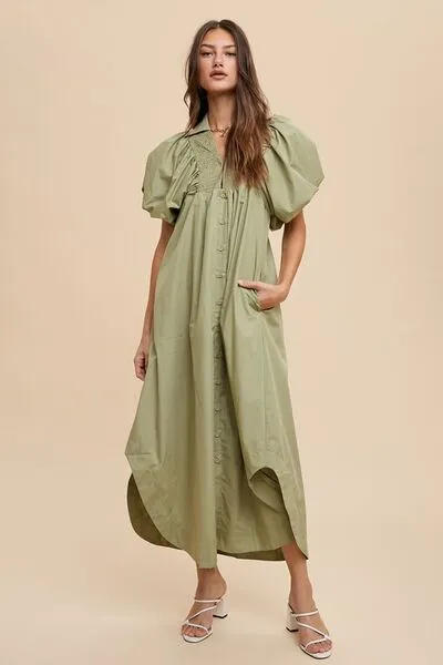 Annie Wear Desert Sage Smocked Puff Sleeve Midi Dress