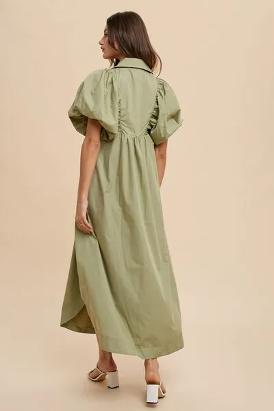 Annie Wear Desert Sage Smocked Puff Sleeve Midi Dress