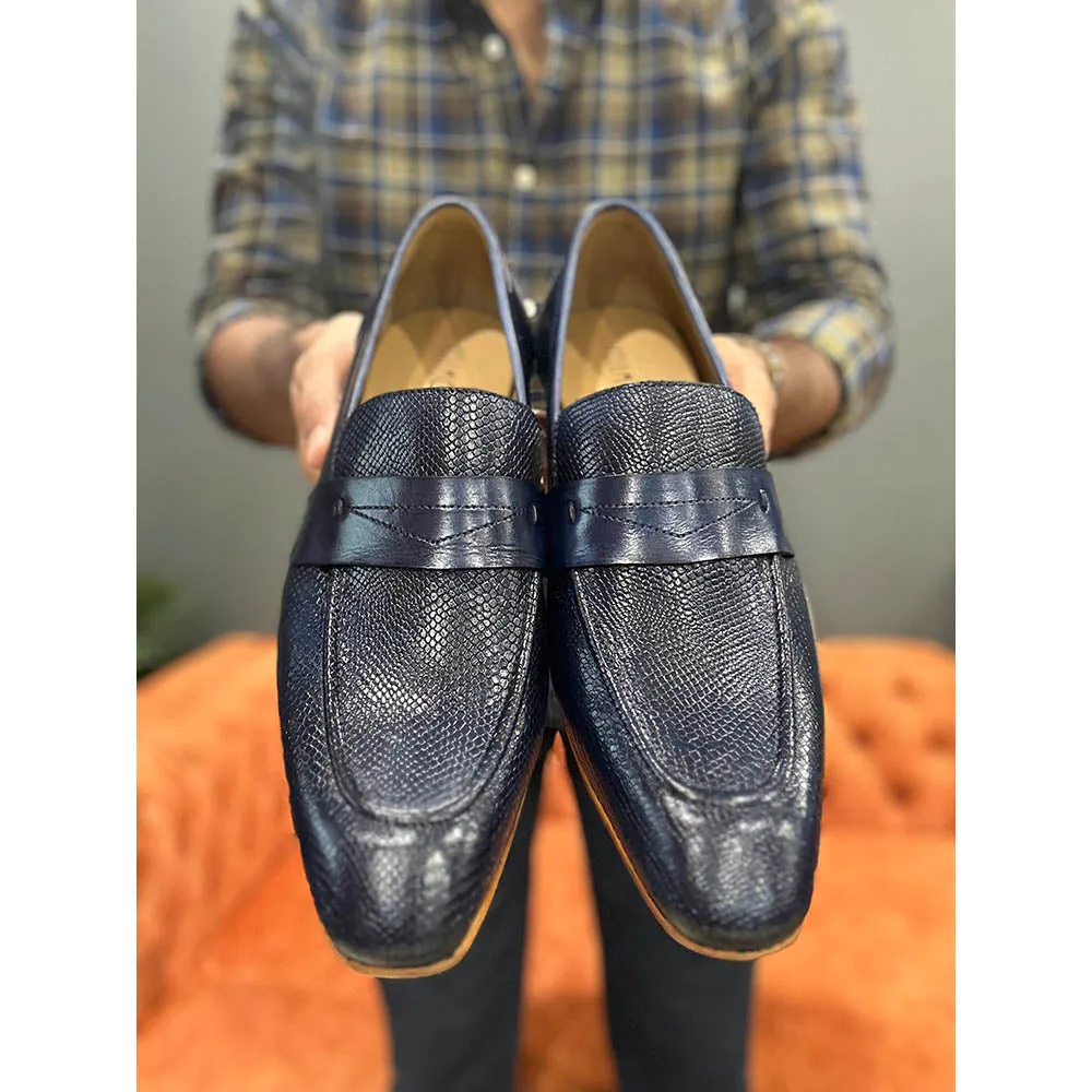 Blue Mirror Glossed Patina Animal Print Penny Loafers With Italian Leather Soles