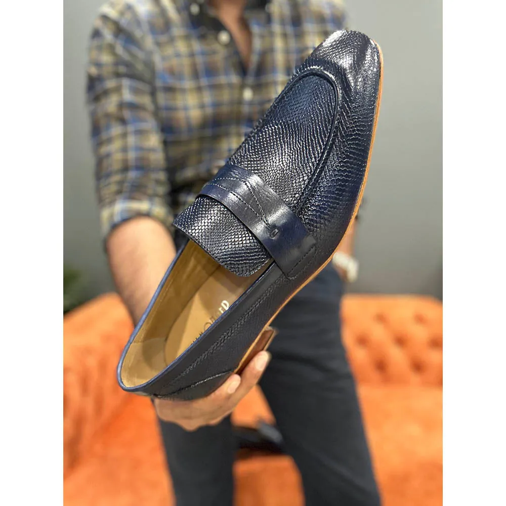 Blue Mirror Glossed Patina Animal Print Penny Loafers With Italian Leather Soles