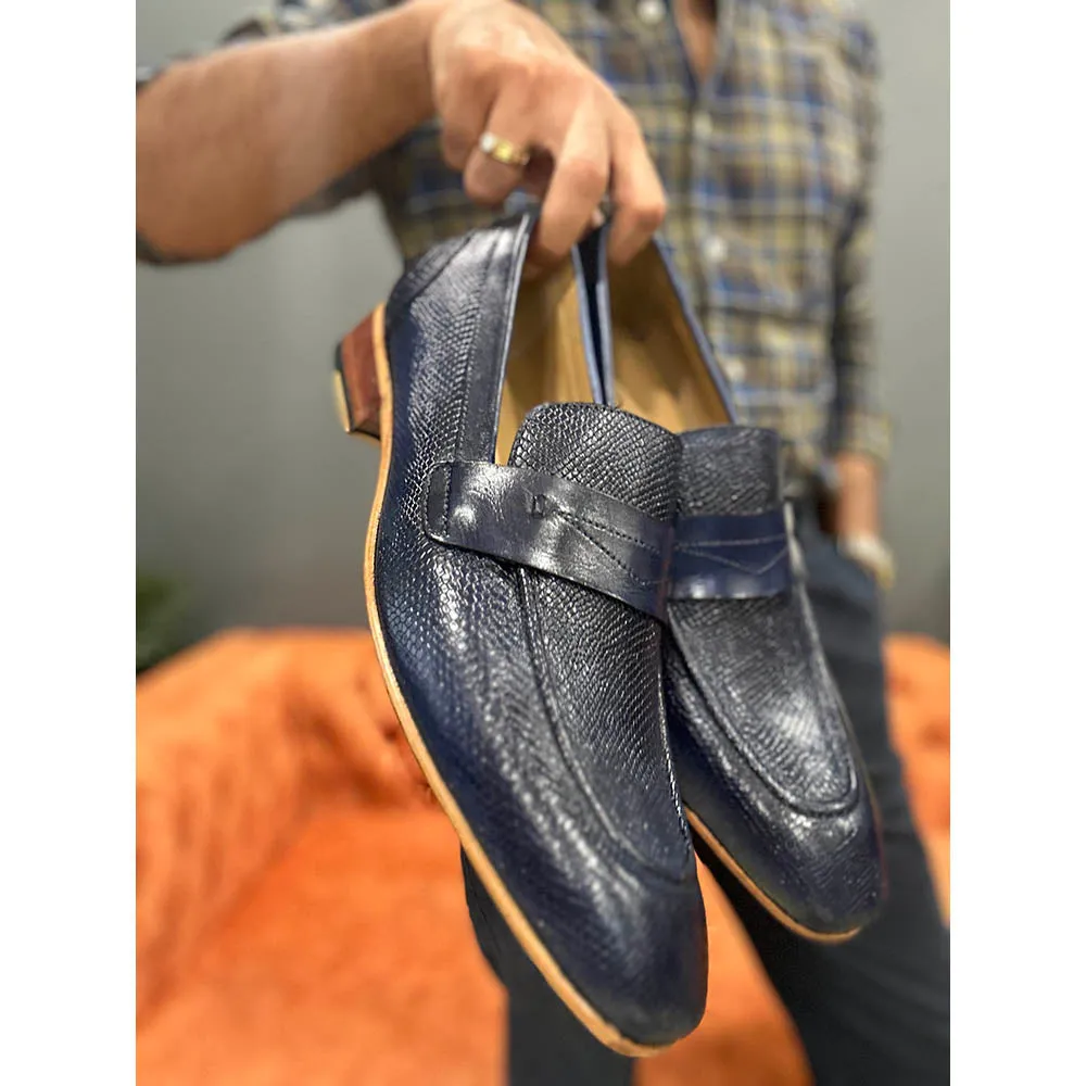 Blue Mirror Glossed Patina Animal Print Penny Loafers With Italian Leather Soles