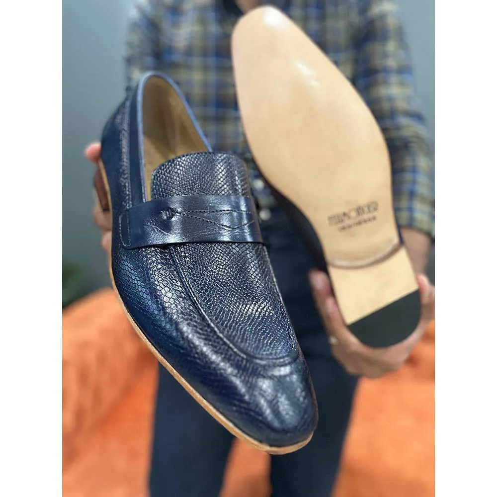Blue Mirror Glossed Patina Animal Print Penny Loafers With Italian Leather Soles