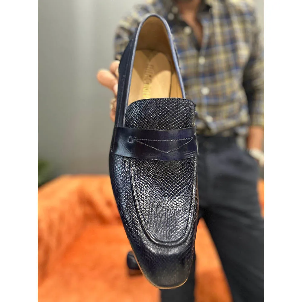 Blue Mirror Glossed Patina Animal Print Penny Loafers With Italian Leather Soles