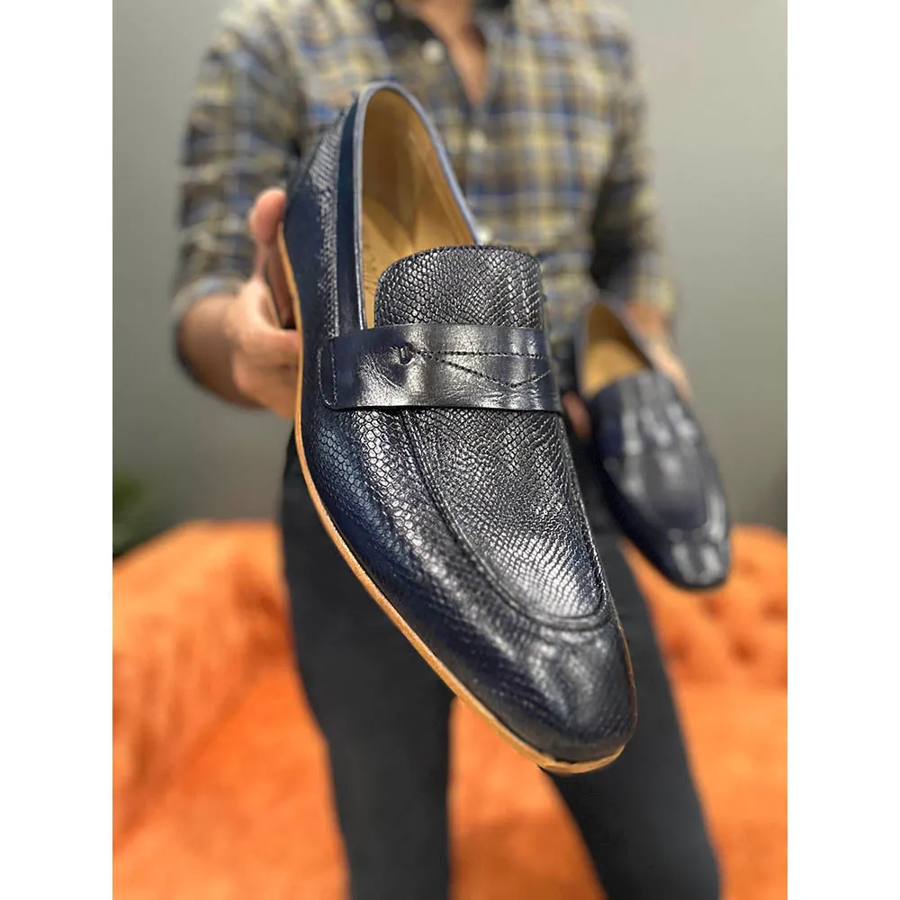 Blue Mirror Glossed Patina Animal Print Penny Loafers With Italian Leather Soles