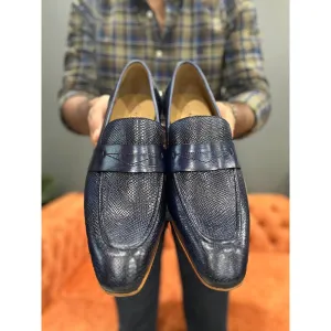Blue Mirror Glossed Patina Animal Print Penny Loafers With Italian Leather Soles