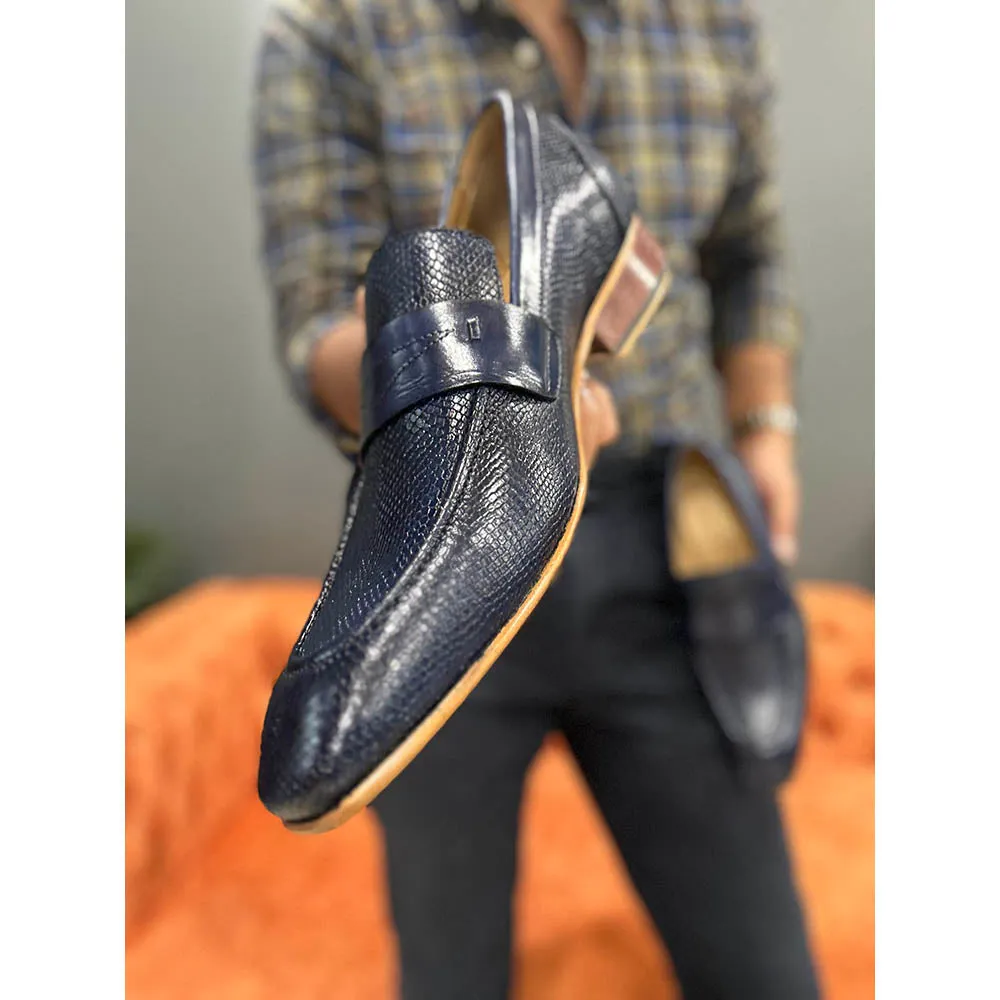 Blue Mirror Glossed Patina Animal Print Penny Loafers With Italian Leather Soles