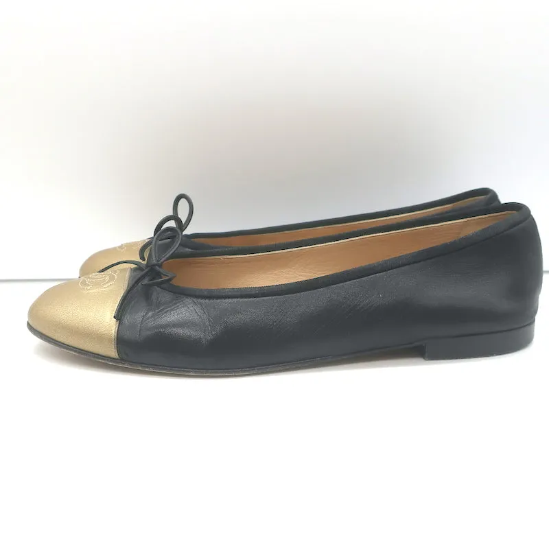 Chanel CC Cap Toe Bow Ballet Flats Black & Metallic Gold Leather Size 42