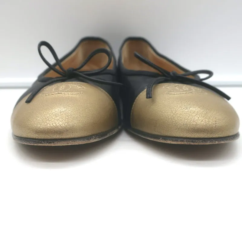 Chanel CC Cap Toe Bow Ballet Flats Black & Metallic Gold Leather Size 42