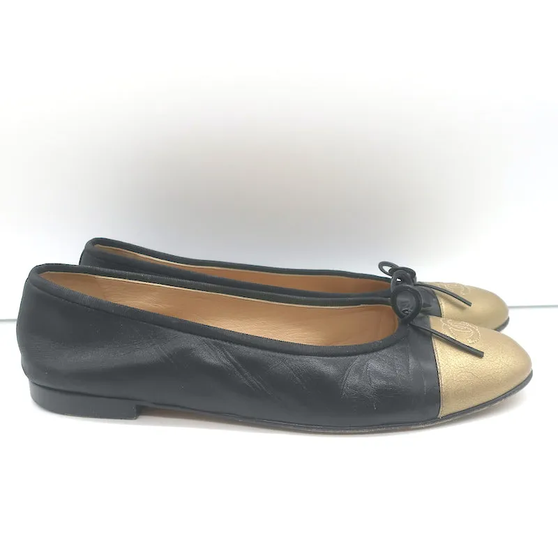 Chanel CC Cap Toe Bow Ballet Flats Black & Metallic Gold Leather Size 42