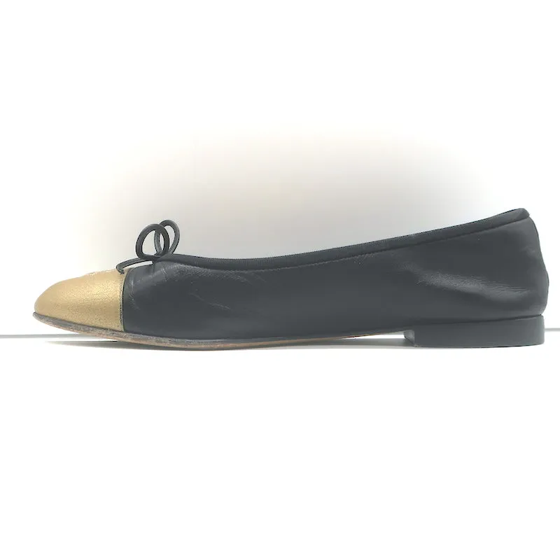Chanel CC Cap Toe Bow Ballet Flats Black & Metallic Gold Leather Size 42