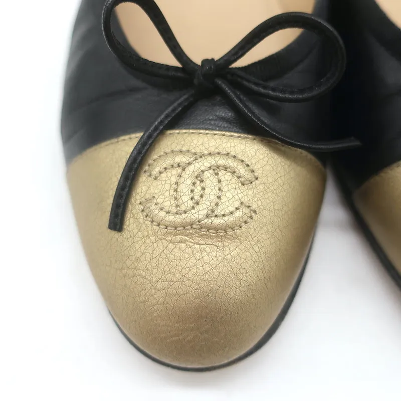 Chanel CC Cap Toe Bow Ballet Flats Black & Metallic Gold Leather Size 42