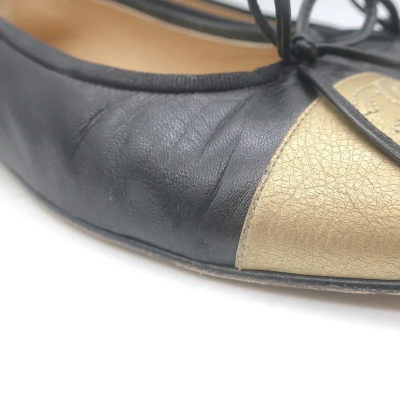 Chanel CC Cap Toe Bow Ballet Flats Black & Metallic Gold Leather Size 42