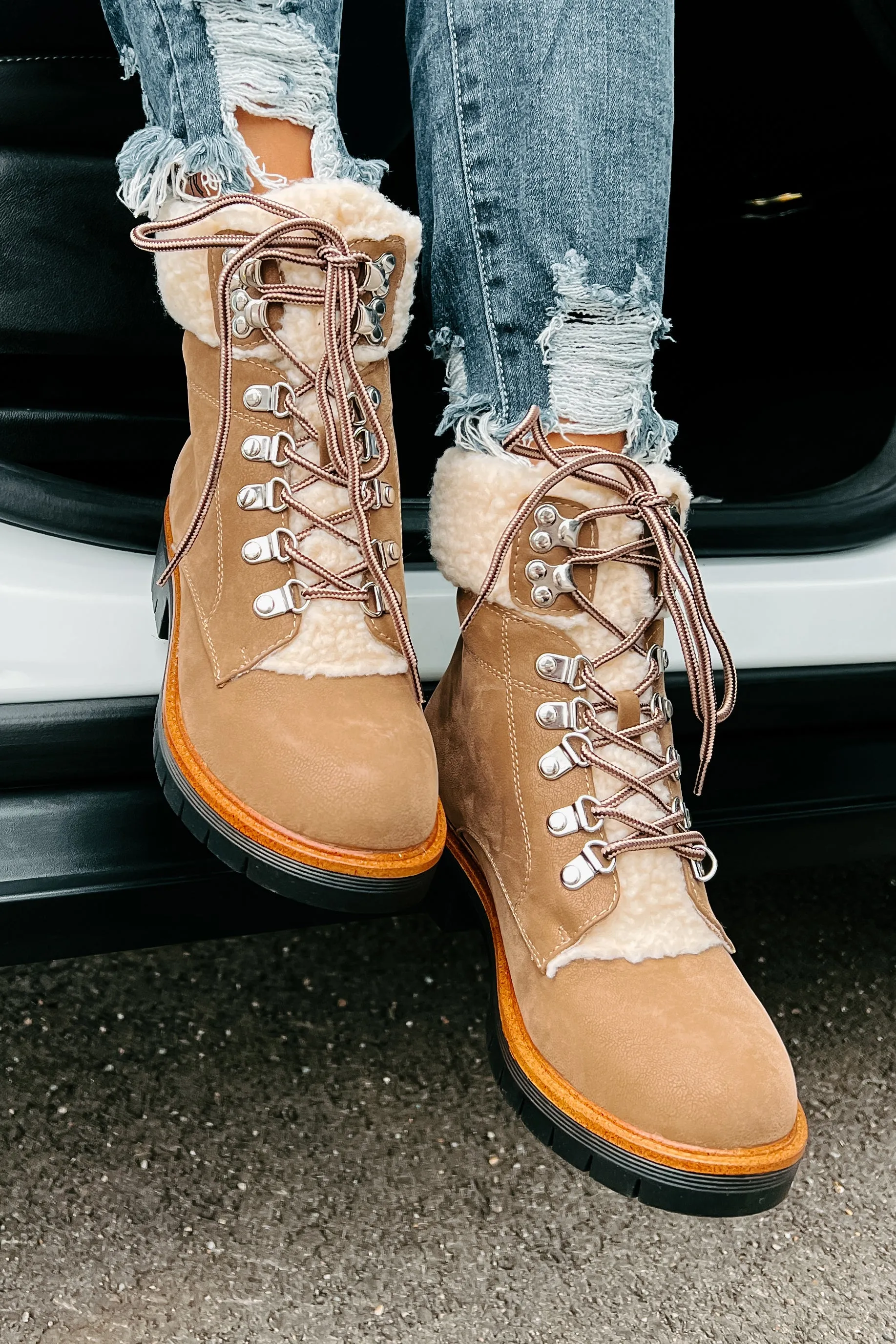 Cyrus Sherpa Cuffed Lace-Up Boots (Taupe)
