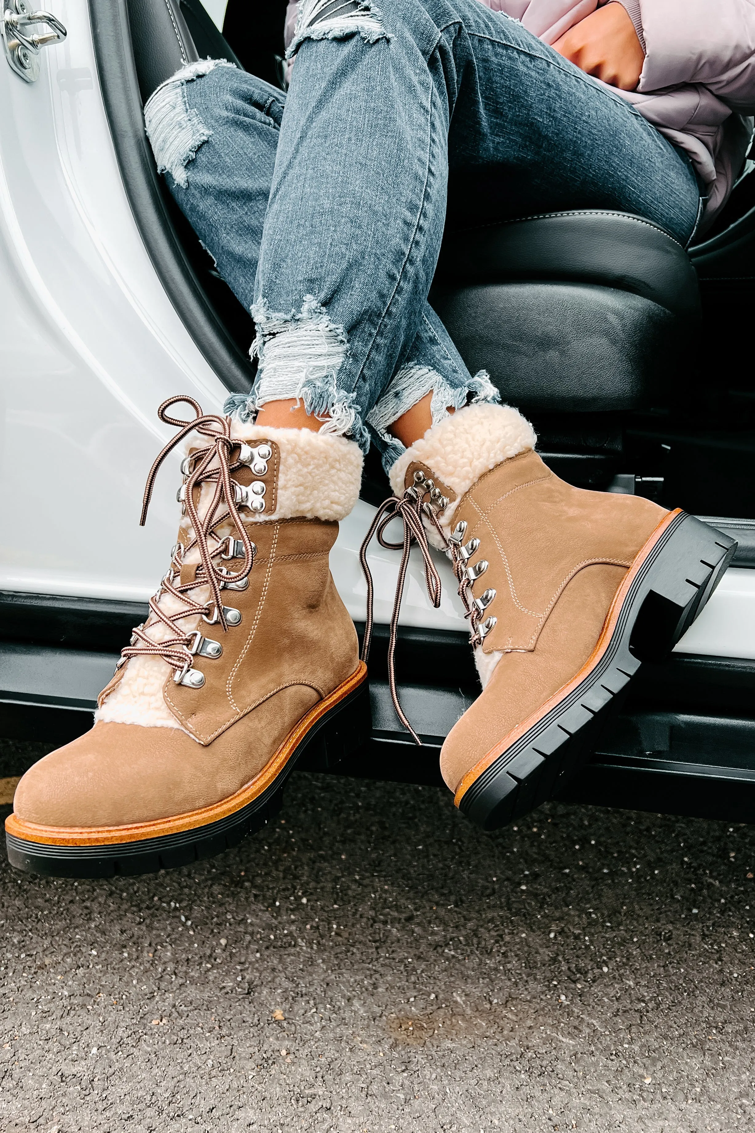 Cyrus Sherpa Cuffed Lace-Up Boots (Taupe)