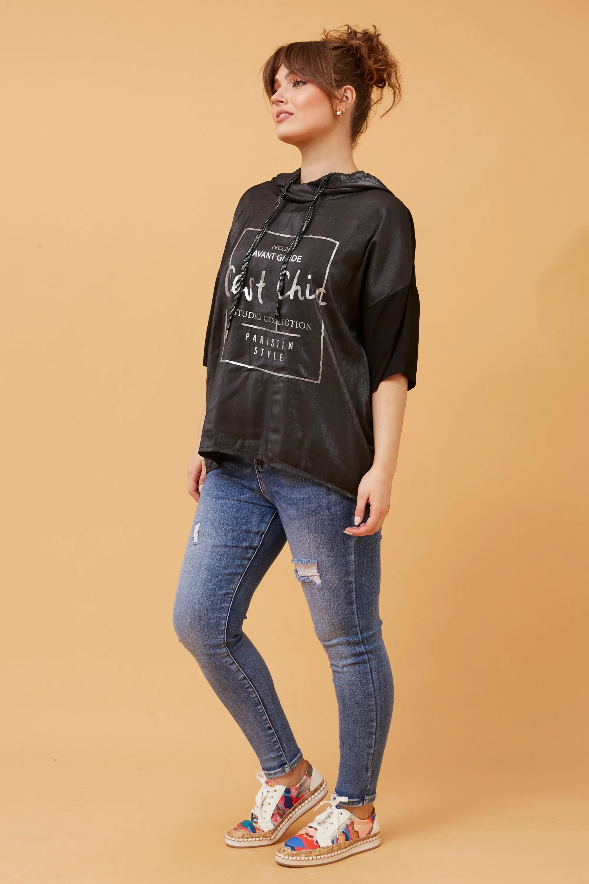 Graphic Foil Print Hooded Top - Black