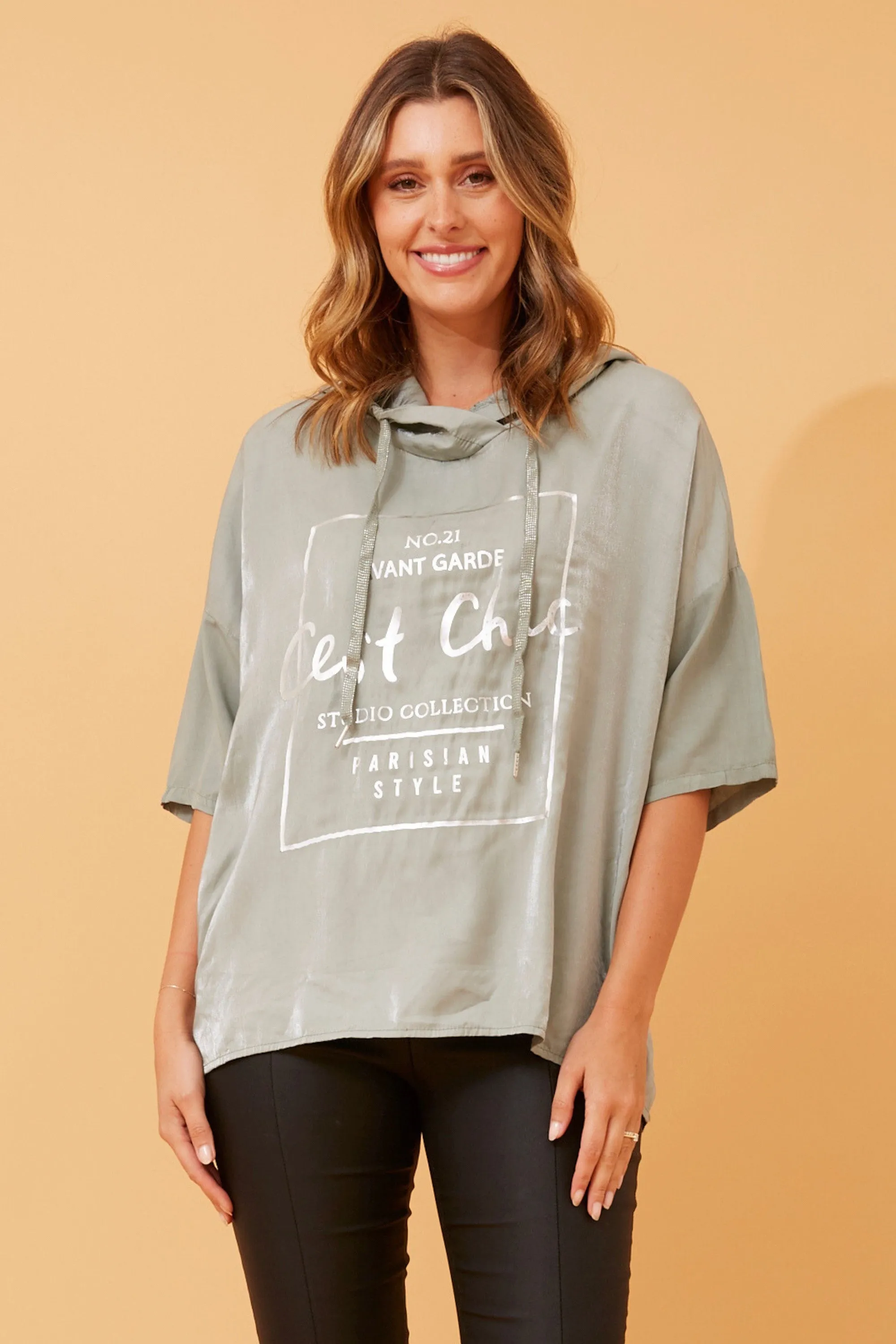 Graphic Foil Print Hooded Top - Black