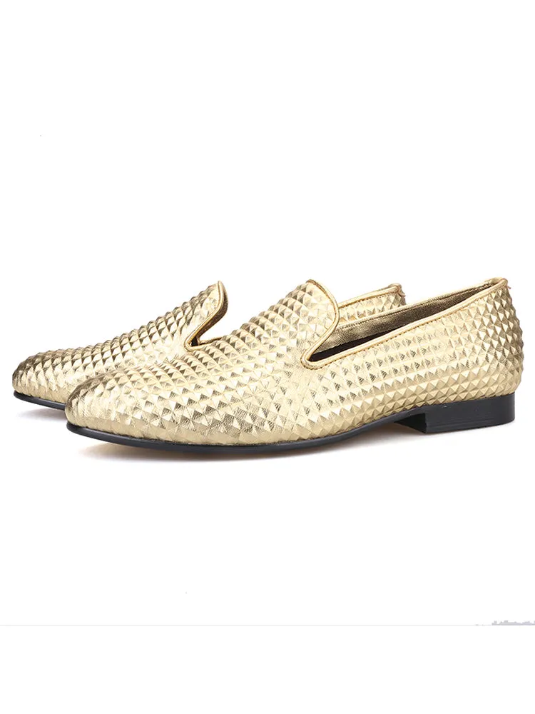 Men's handmade three-dimensional rhombus 3D embossed genuine leather shoes British style banquet slip-ons formal shoes one-leg loafers