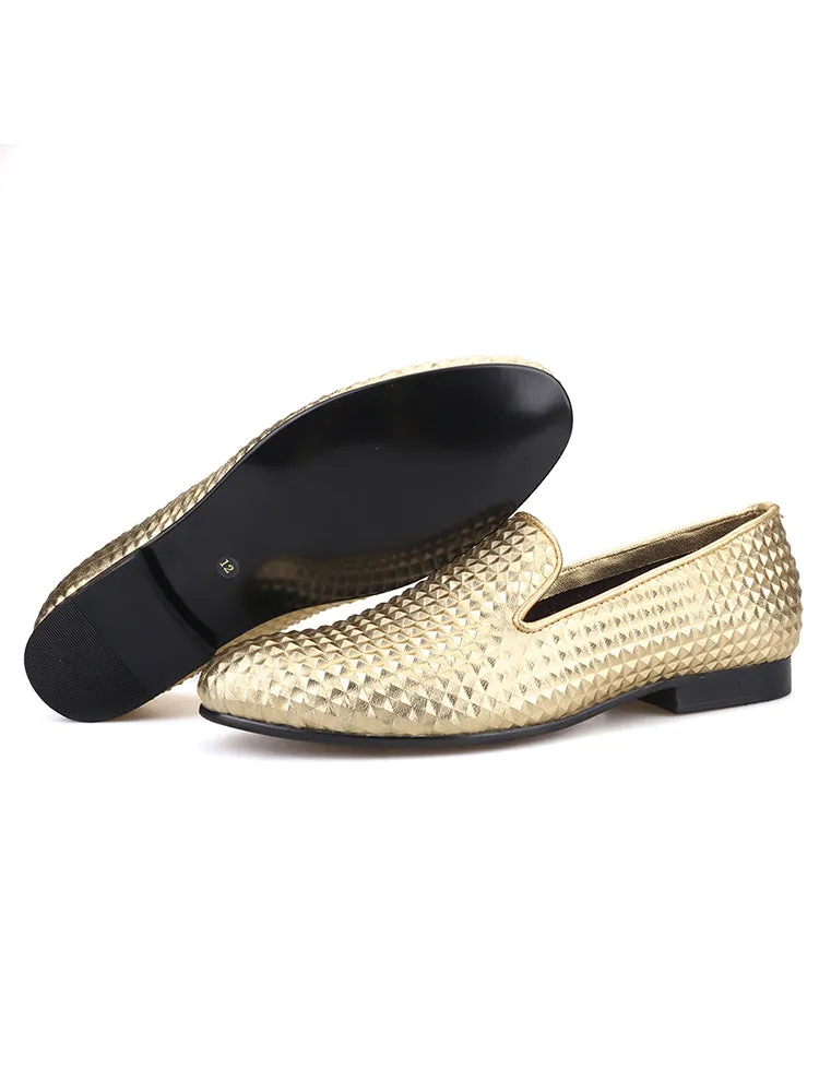 Men's handmade three-dimensional rhombus 3D embossed genuine leather shoes British style banquet slip-ons formal shoes one-leg loafers
