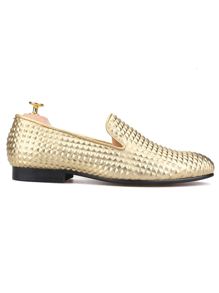 Men's handmade three-dimensional rhombus 3D embossed genuine leather shoes British style banquet slip-ons formal shoes one-leg loafers