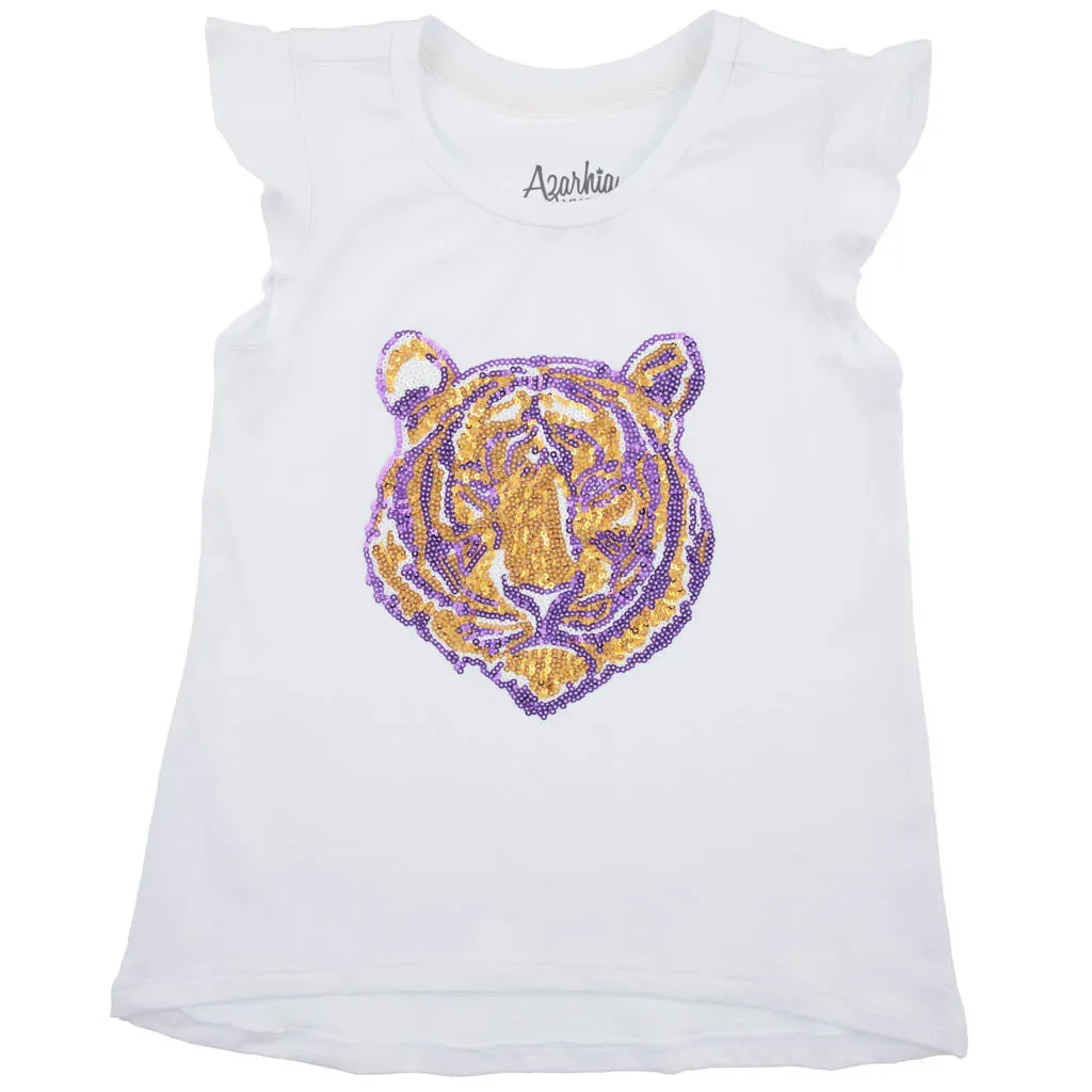 Purple and Gold Sequin Tiger Face Box T-Shirt in White