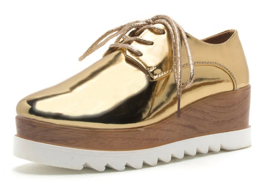 Qupid Women's Metallic Wingtip Lace-Up Wood Platform Wedge Oxford Shoe